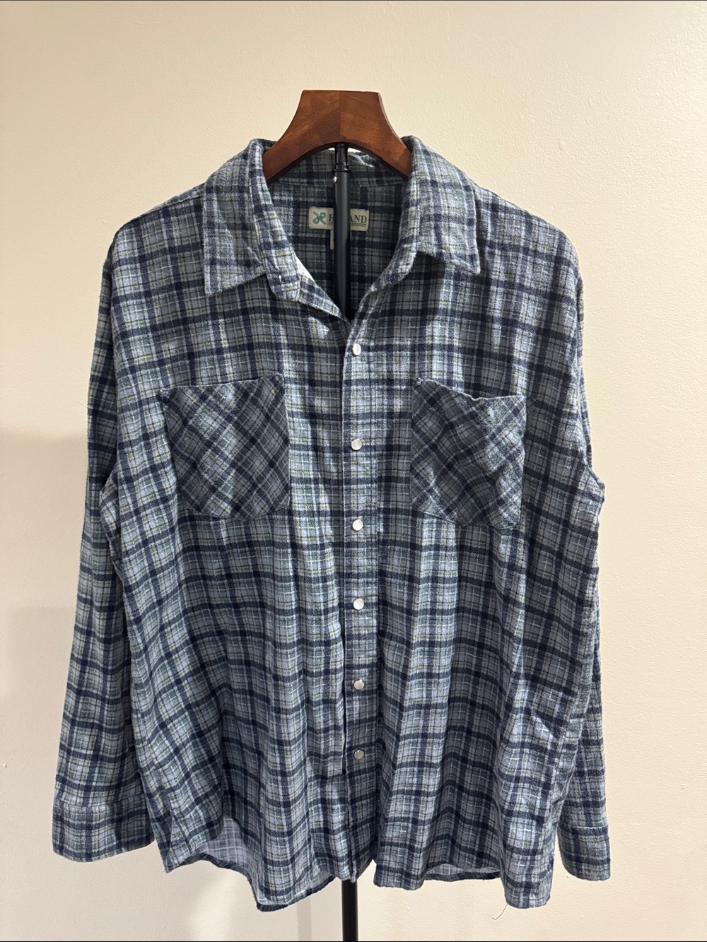 Haband Vintage Gray Blue Plaid Flannel Button Up Shirt (Size L)